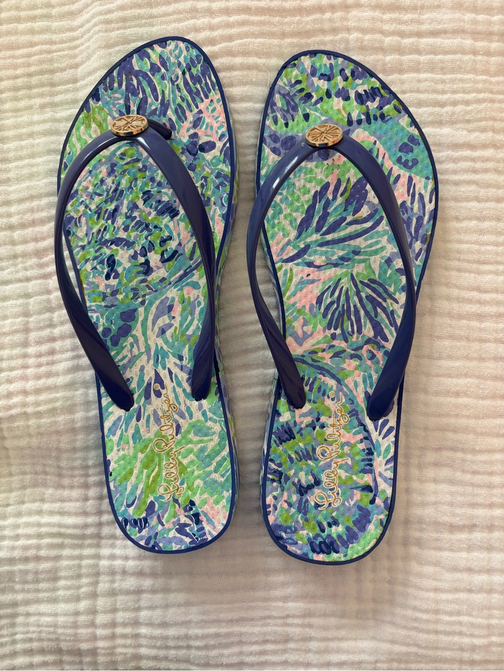 Lilly Pulitzer Navy Strap Flip Flops with Multi Floral Print